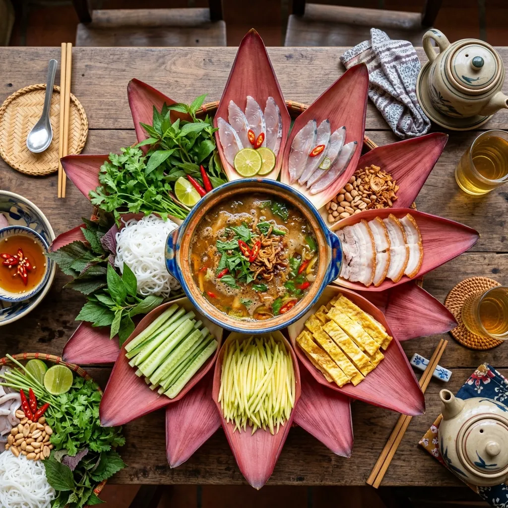 Lẩu Thả Phan Thiết bày trên cánh hoa chuối đỏ rực rỡ
