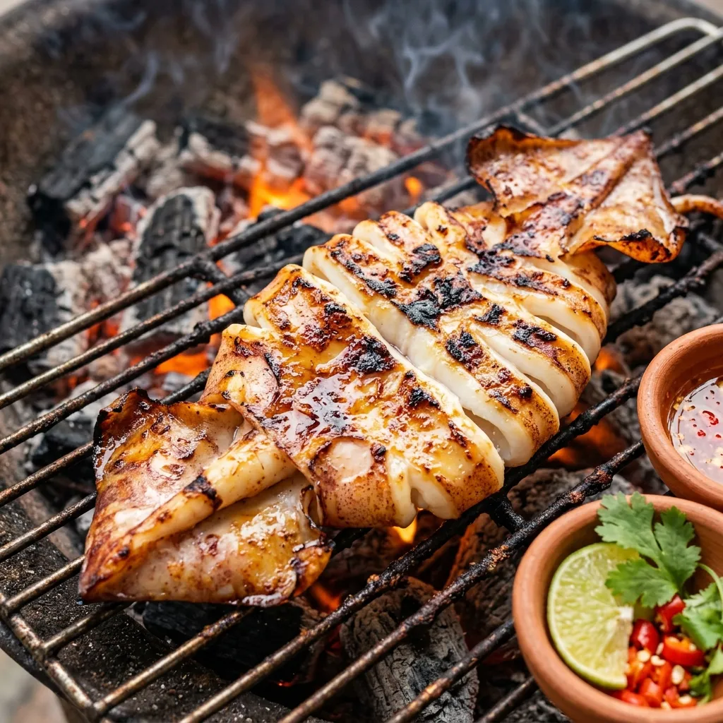Mực một nắng nướng BBQ trên bếp than đỏ hồng