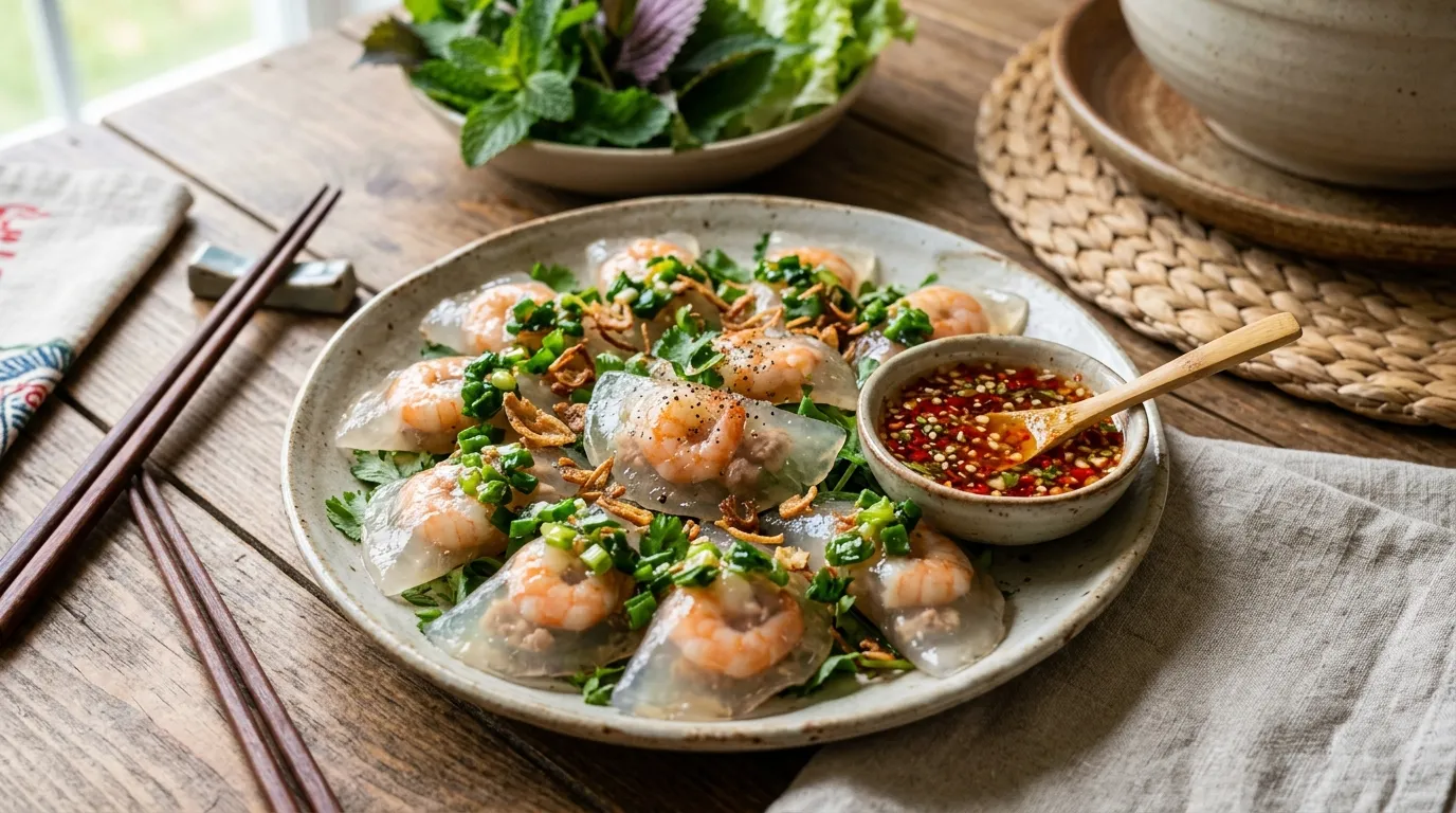 Đĩa Bánh Bột Lọc Phan Thiết nhân tôm thịt trong suốt rưới mỡ hành
