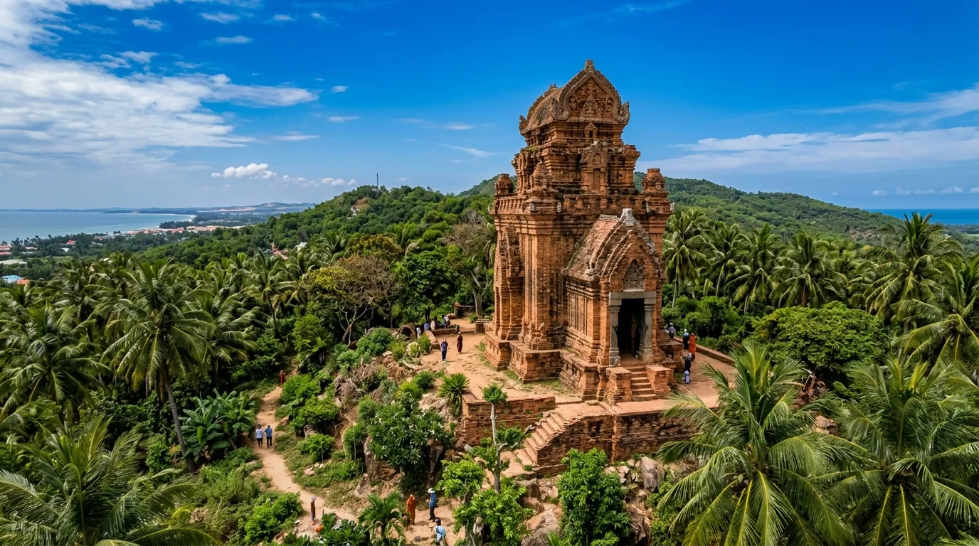 Tháp Chăm Poshanư nhìn từ trên cao, phía sau là biển Phan Thiết