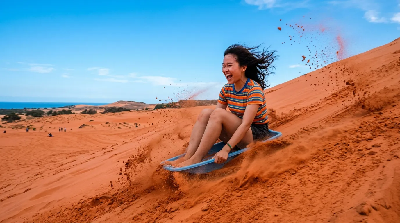 Trải nghiệm trượt cát đầy sảng khoái tại Đồi Cát Đỏ Mũi Né
