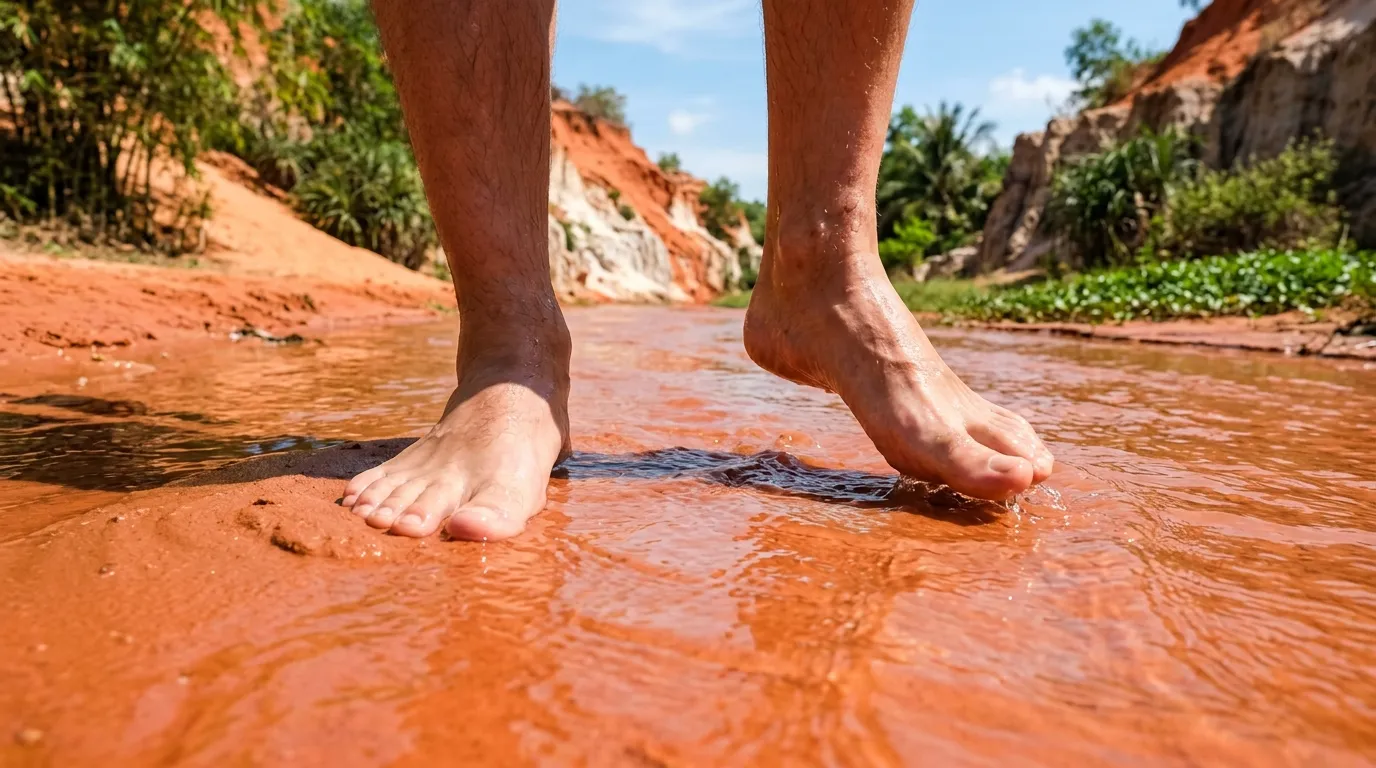 Lội chân trần dưới dòng nước đỏ