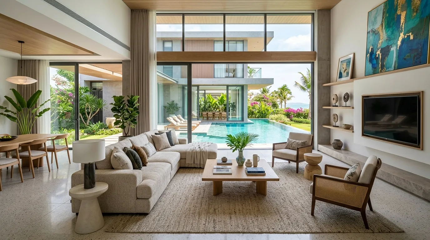 Không gian phòng khách hiện đại tràn ngập ánh sáng tại Villa NovaWorld Phan Thiết