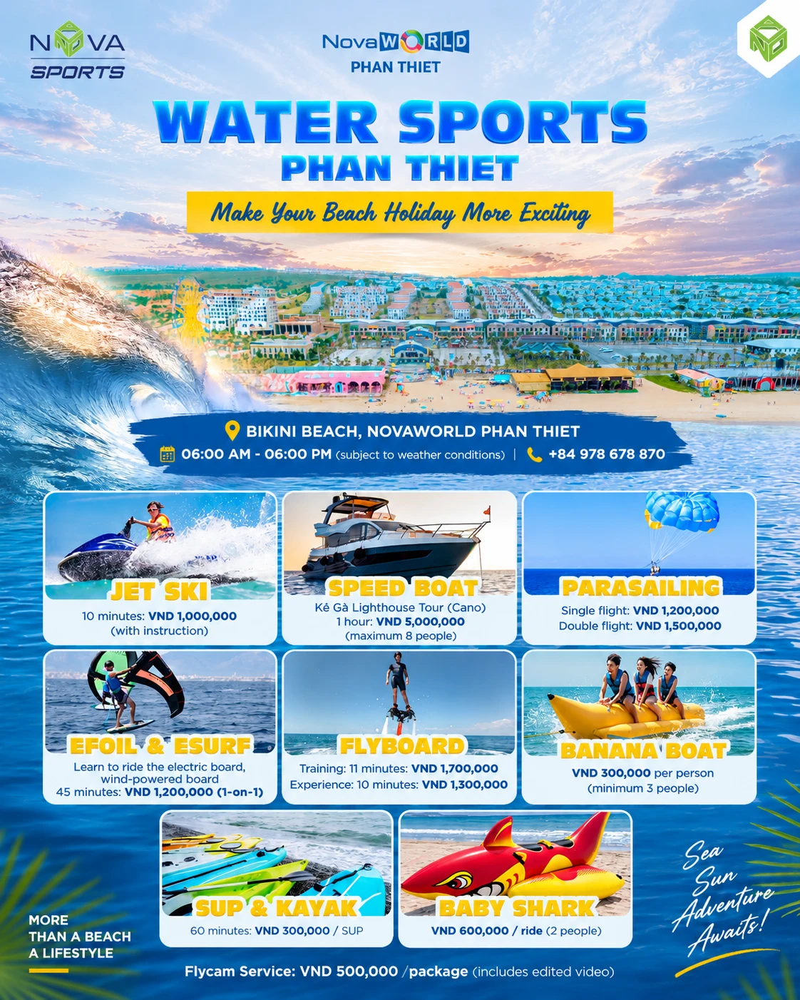 NovaSports water sports pricing poster at Bikini Beach, NovaWorld Phan Thiet